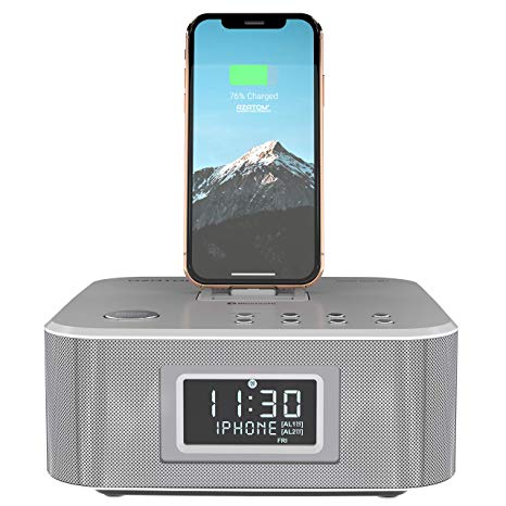 AZATOM Homehub Clock Radio Alarm Lightning Docking station 30W Bluetooth for iPhone Xs Max, Xs, Xr, X, 8, 8 plus, 7plus, 7, 6s, 6, 5s, 5, SE Nano 7G, Touch 6G 5G, iPad mini and iPads (White)