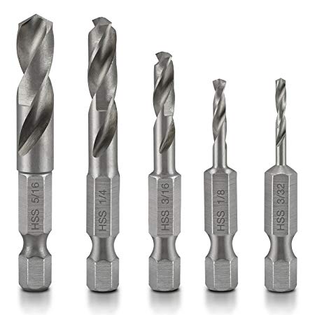 Neiko 11402A Stubby Drill Bit Set for Metal, 5 Piece | 1/4-Inch Quick Change Hex Shank | M2 HSS Steel