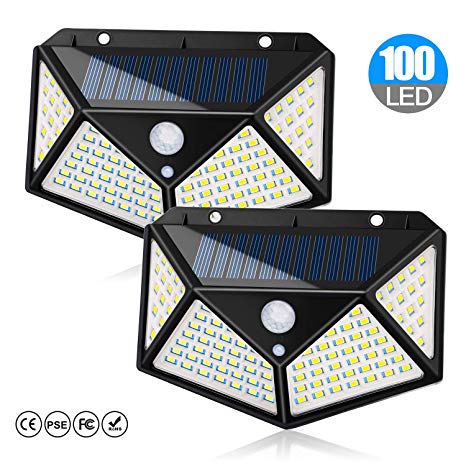 Solar Lights Outdoor 100 LEDs Solar Motion Sensor Light Outdoor 1000 Lumens Waterproof Security Wall Night Light with 3 Modes 270° Wide Angle for Garden, Patio Yard, Deck Garage, Fence, Porch - 2 Pack