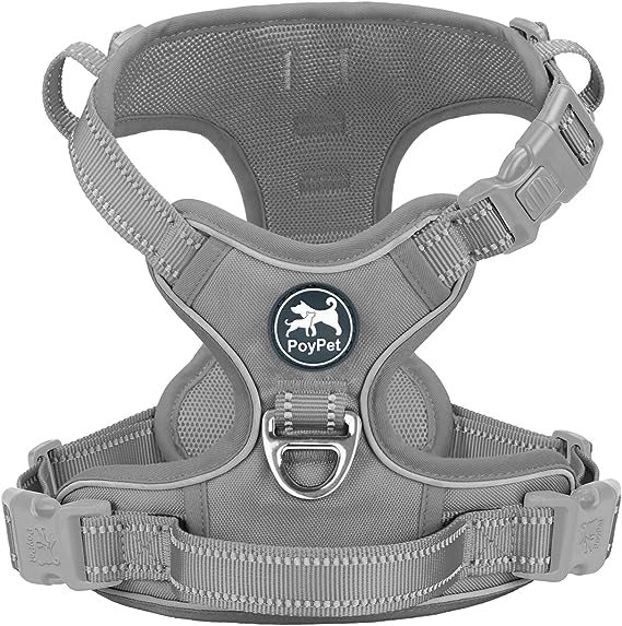 PoyPet No Pull Dog Harness, No Choke Reflective Dog Vest, Adjustable Pet Harnesses with 2 Leash Attachments with Easy Control Padded Handle for Small Medium Large Dogs(Gray,S)