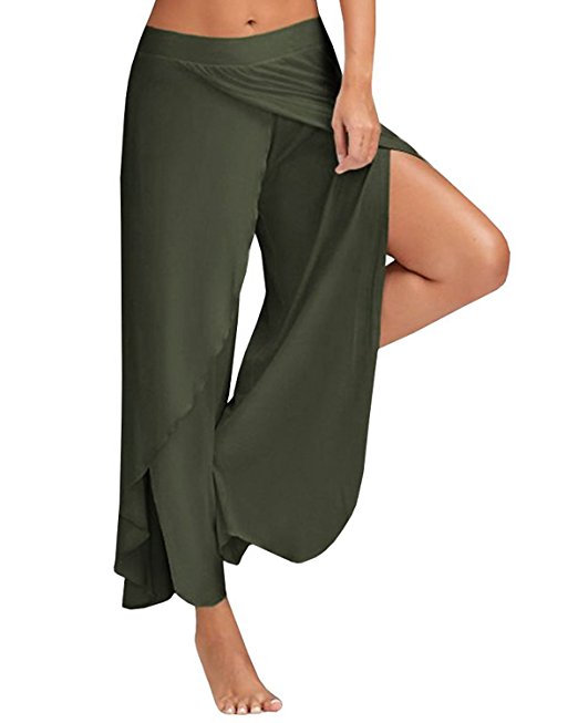 ZANZEA Women's High Split Layered Wide Leg Solid Flowy Cropped Palazzo Casual Pants Trousers