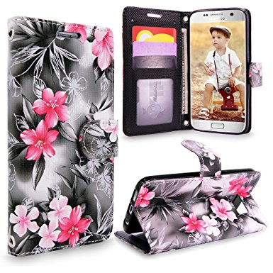 S7 Case, Galaxy S7 Wallet Case, Cellularvilla [Slim] [Card Slot] Premium Pu Leather Wallet Case [Wristlet] [Drop Protection] Flip Protective Stand Cover For Samsung Galaxy S7 G930 (Black Pink Flower)