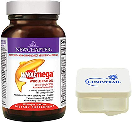 New Chapter Fish Oil Supplement, Wholemega Wild Alaskan Salmon Oil with Omega-3 & Vitamin D3, 120 Count Bundle with a Lumintrail Pill Case