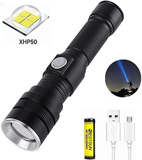BESTSUN CREE XHP50.2 Flashlight Rechargeable, Super Power 5000 Lumen LED Flashlight Zoomable 3 Modes Tactical Flashlight for Camping with Rechargeable Battery