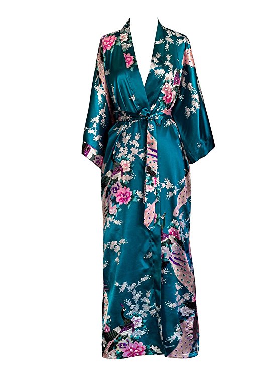 Old Shanghai Women's Kimono Long Robe - Peacock & Blossoms