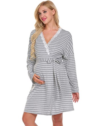 Imposes Women Soft Maternity Robe Striped Sleepwear Nursing Breastfeeding Nightwear Pajama