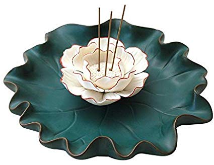 Incense Stick Holder, Ceramic Incense Burner - Retro Lotus Flower Incense Holder 7.3 inches Wide to Catch More Ashes
