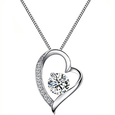 FLORAY Ladies White Heart Shaped Pendant Necklace, Sparkling Zircon, Sterling Silver Chain. Free Blue Gift Box, Beautiful Gift for Boys or Girls. Chain Length: 45 cm, Pendant Size:1.5 * 2 cm