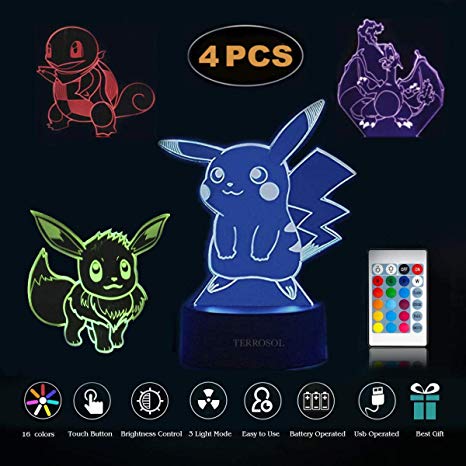 Terrosol 3D Night Light Shape of Pokemon Illusion Night Nursery Light for Kids,4 Pattern&1 Base&1 Remote - Pokemon Gifts - 3D Led Lamp - Acrylic Lamp - 3D Pokemon Pikachu - Optical Illusion Led Light