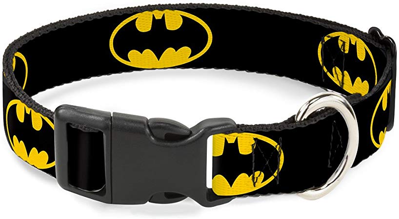 Buckle Down Plastic Clip Collar - Batman Shield Black/Yellow - 1" Wide - Fits 15-26" Neck - Large