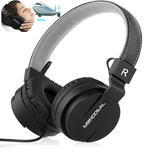 Active Noise Cancelling Headphones with Mic, Monodeal Lightweight On-Ear Earphones, Foldable Travel Headset with Airplane Adapter - Black