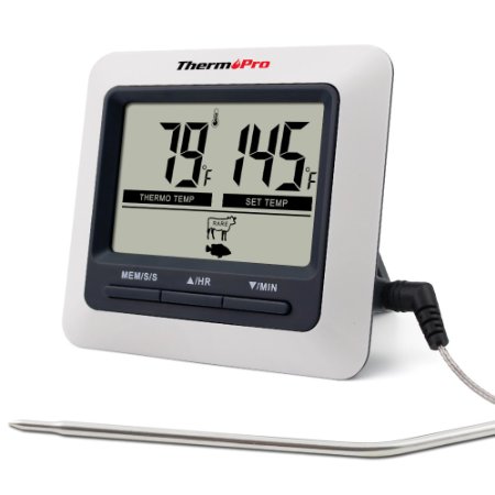 ThermoPro TP-04 Large LCD Digital Grilling Oven Cooking Meat Thermometer Built in Cooking Clock Timer with Stainless Steel Step-Down Probe
