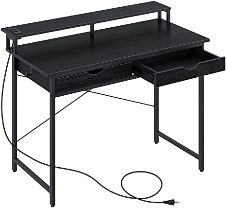 Rolanstar Computer Desk with 2 Drawers and Power Outlet, 47" Home Office Writing Desk with Monitor Stand, Workstation Table with Stable Metal Frame, Black