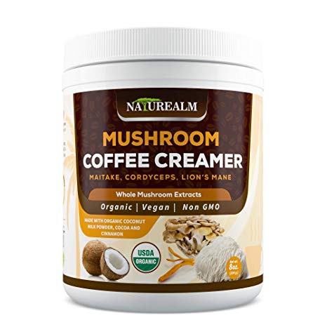 Naturealm Mushroom Coffee Creamer - Maitake, Lion's Mane, Cordyceps Extracts   Coconut Milk Powder, Cocoa, Cinnamon - USDA Certified Organic, Vegan, Sugar-Free, Gluten-Free, Keto-Friendly, 8oz.