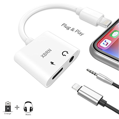 iPhone Headphone Adapter, XBRN 2 in 1 Lightning to 3.5 mm Headphone Jack Adapter for Aux Audio Charger Connector, Lightning Headphones Splitter for 8/8 Plus iPhone 7/7 Plus/iPhone X 10/iPad/iPod