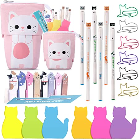 Cat Office Supplies Cat-shaped Sticky Notes Paper Clips Transformer Telescopic Pencil Pouch Holder Cat Gel Ink Pens Cartoon Cat Note Page Flag for Home School Office Cat Lovers (Lovely White Cat)