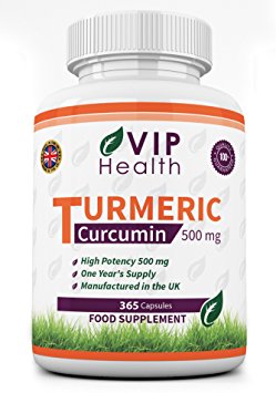 Turmeric / Curcumin 500mg 365 Capsules (Full Year Supply) by VIP Health - High Strength Turmeric Root Extract