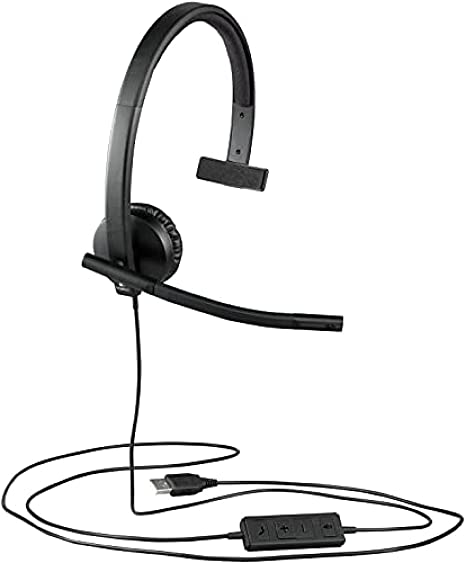 Logitech H570e Wired Headset, Mono Headphones with Noise-Cancelling Microphone, USB, in-Line Controls with Mute Button, Indicator LED, PC/Mac/Laptop - Black