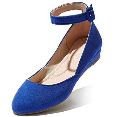 DailyShoes Women's Fashion Adjustable Ankle Strap Buckle Pointed Toe Low Wedge Flat Shoes