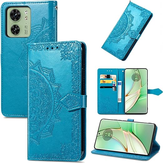 Ranyi for Motorola Edge 5G (2023) Case, Moto Edge 2023 Case, Mandala Flower Leather Wallet Case with Credit Card Holder Kickstand Flip Folio Magnetic Wallet Case for Motorola Edge 5G (2023), Blue