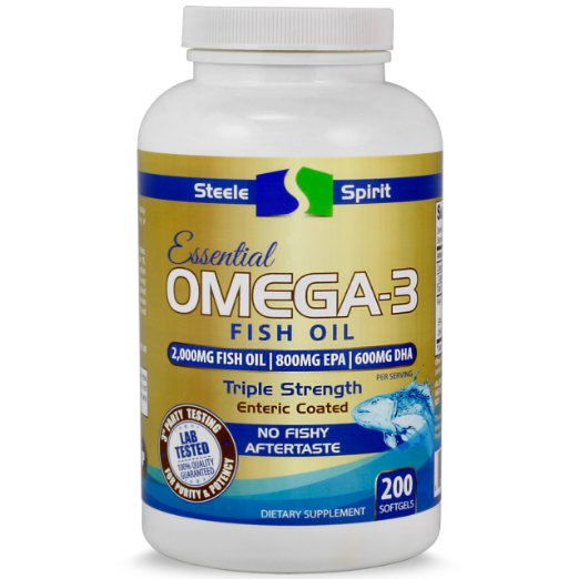 200 Burpless Omega 3 Fish Oil Capsules, Triple Strength Supplement, 3rd Party Lab Tested for Purity and Potency, No Fishy Odor Aftertaste or Burps