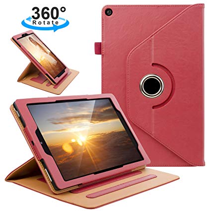 SYNTAK All-New HD 10 Case (7th Generation, 2017 Release) - 360 Degree Rotating Stand Smart Protective Cover with Auto Wake/Sleep for HD 10.1 Inch Tablet (red)