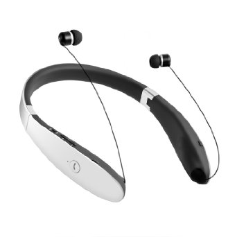 Grandbeing Foldable Neckband Bluetooth Headphones with Retractable Earbuds - White