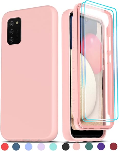 LeYi for Samsung Galaxy A02S Case, Samsung A02S Case with [2 x Glass Screen Protector] for Women Girls, Full-Body Shockproof Soft Liquid Silicone Hybrid Protective Phone Case for Galaxy A02S, Pink