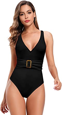 SHEKINI Women's One Piece Swimsuit Tummy Control V Neck Two Piece Bathing Suits