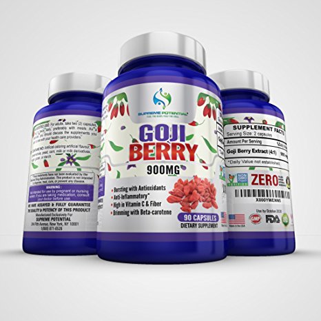 Supreme Potential Goji Berry Antioxidant Boost, High in Vitamin C and Fiber - 900mg - 90 Capsules - 45 Day Supply - Manufactured in USA