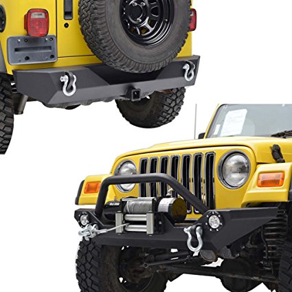 E-Autogrilles 97-06 Jeep Wrangler TJ Textured Black Off Road Front Bumper with LED Lights and Rear Bumper with 2"Hitch Receiver Combo (51-0034L 51-0014)