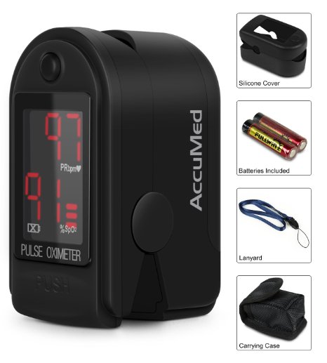 AccuMed® CMS-50DL Pulse Oximeter Finger Pulse Blood Oxygen SpO2 Monitor w/ Carrying case, Landyard Silicon Case & Battery (Black)