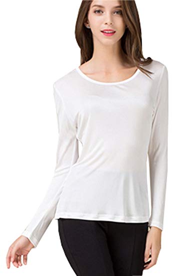METWAY Women's Silk Shirt Crew Neck Long Sleeves Pure Silk Blouse