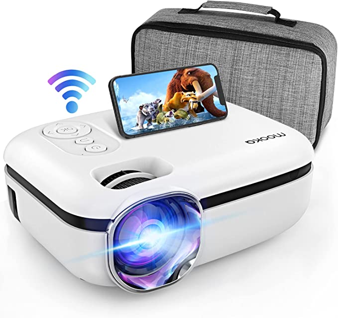 MOOKA WiFi Projector, 7500L HD Outdoor Mini Projector, 1080P & 200" Screen Supported, Movie Home Theater Compatible with TV Stick, Video Games, HDMI, USB, AUX, AV, PS4, Laptop, iOS & Android