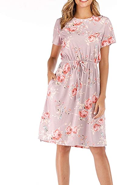 INIBUD Women Summer Floral Short Sleeve Dress Casual T Shirt Tank Midi Dresses with Pockets