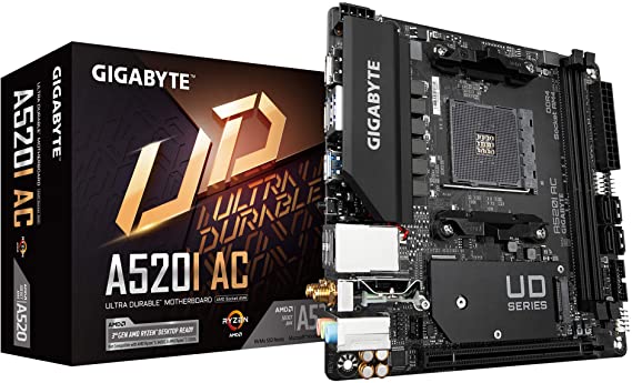 Gigabyte A520I AC (AMD Ryzen AM4/Mini-ITX/Direct 6 Phases Digital PWM with 55A DrMOS/Gaming GbE LAN/Intel WiFi Bluetooth/NVMe PCIe 3.0 x4 M.2/3 Display Interfaces/Q-Flash Plus/Motherboard)