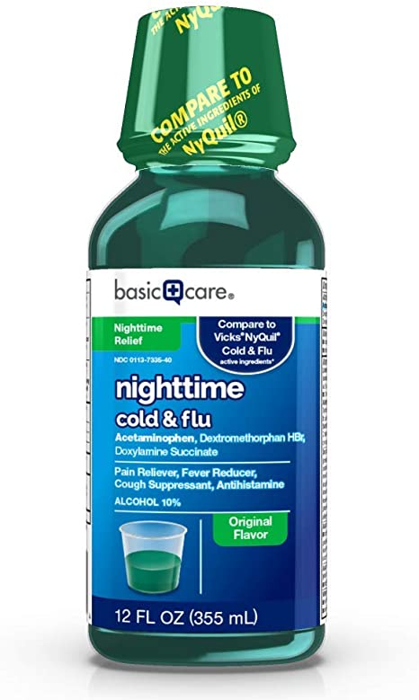 Basic Care Nighttime Cold & Flu Relief, Pain Reliever, Fever Reducer, Cough Suppressant & Antihistamine, 12 Fluid Ounces