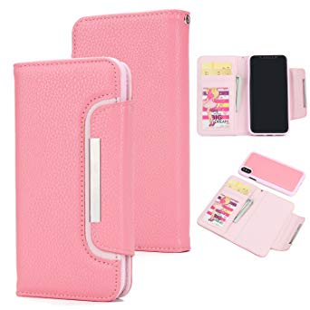 Lunazoe iPhone 6 Plus Case(Pink),Leather Wallet Phone Case with Card Holder Wide Buckle Magnetic Detachable Slim-Case