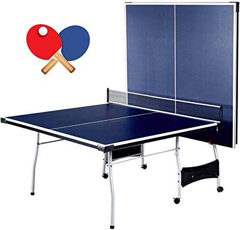 Schmidt Foldable 4 Piece Table Tennis Ping Pong Play | Official Tournament Size 9' x 5' | With Net Posts Paddles 2 Ball | Quick Setup Heavy Duty Sturdy Durable | Playback Mode Suit Indoor Outdoor Home