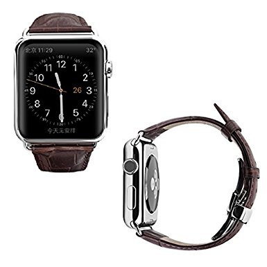 apple watch Series 1/2 Band with Metal Clasp, Acoverbest Premium Genuine Leather Crocodile Pattern Replacement Strap(Brown-42mm)