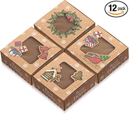 Christmas Cookie Boxes – 12pc Christmas Gift Bakery Boxes for Treats, Pastry, Candy, Dessert - Cookie Boxes with Window, Treat Boxes, Containers with Lids, Holiday Cookie Tin for Gift Giving, Gingerbread House & Santa Themed