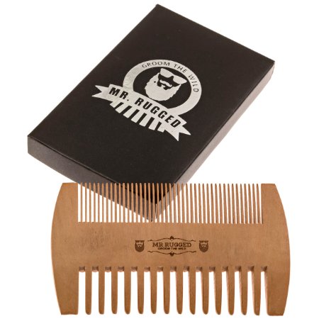 Mr Rugged Pocket Beard Comb - Wide and Fine Teeth Sides - Pear Wood Comb - Wooden Handmade Brushes Beard Oils & Balms To Promote Softer & Thicker Growth - Better for Beards Than Metal or Plastic