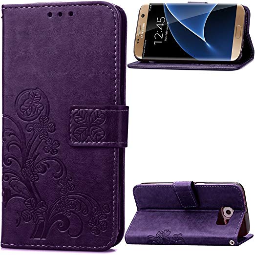 Samsung Galaxy S7 Edge Beautiful Case, Fashion four-leaf clover Printing Premium PU Leather Wallet Case with Wrist Strap Flip Case Cover for Samsung Galaxy S7 Edge Touch Screen Stylus Pen (purple)