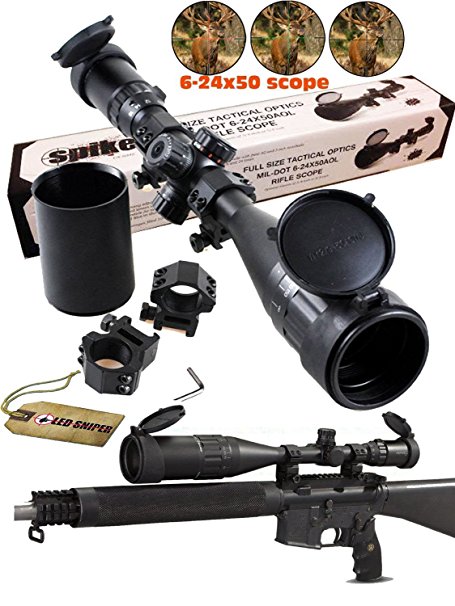 Ledsniper®riflescope 6-24x50 Aoe Red & Green & Blue Illuminated Mil-dot Adjustable Intensified Rifle Scope   Sunshade   Flip-up Caps   Rail Mounts