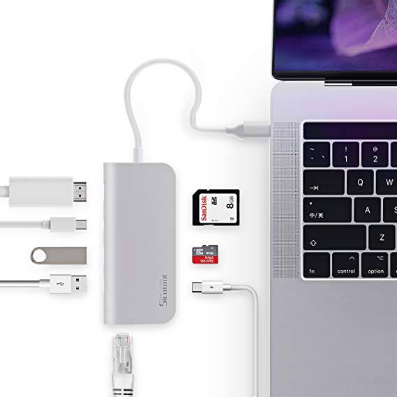 Sicotool Aluminum Usb C Hub Adapter Multiport Type C Combo Dock,HDMI and Mini DP Dual 4K Video output,Ethernet Port,PD Charging,SD/TF Card Slots,2 USB 3.0 compatible MacBook Pro,Type C Laptops (Silver