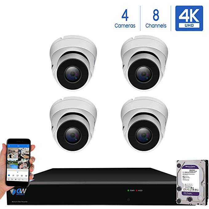 GW 8 Channel H.265 PoE NVR Ultra-HD 4K (3840x2160) Security Camera System with 4 x 4K (8MP) IP Dome Camera, 100ft Night Vision, Waterproof Surveillance Camera