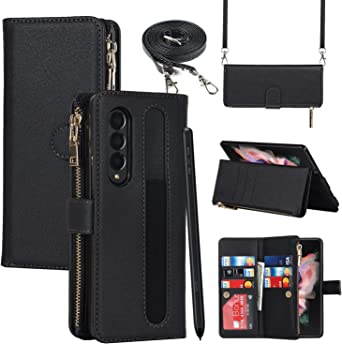 SailorTech Wallet Phone Case Design for Samsung Galaxy Z Fold3 5G with S Pen Holder 9 Card Holder 1 Zipper Coin Wallet 2 Cash Slot Kickstand Lanyard Flip Leather Cover Black