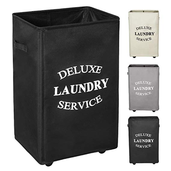 WOWLIVE Large Rolling Laundry Hamper Basket with Wheels Durable Dirty Clothes Bag Collapsible Rectangular Washing Bin (Black)