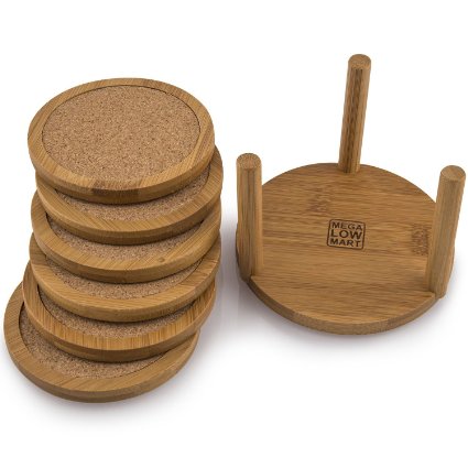 MEGALOWMART Natural Bamboo 7 Piece Coaster Set