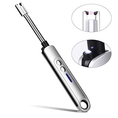 Electric Arc Lighter, USB Rechargeable Candle Lighter Flameless Windproof with Flashlight and Long Flexible Neck for BBQ Firework Camping Gas Stove Silver